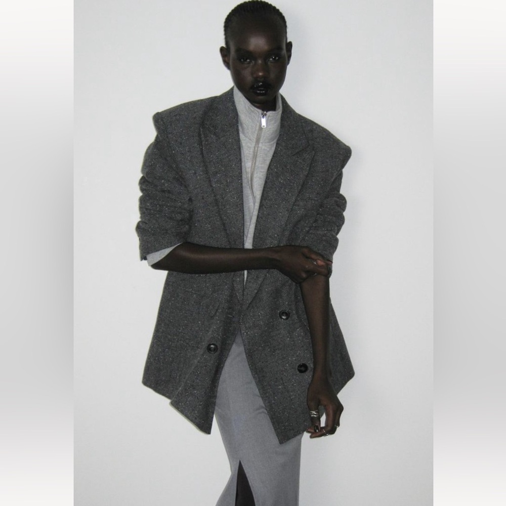 Grey Oversized Double-Breasted Women's Blazer Jacket